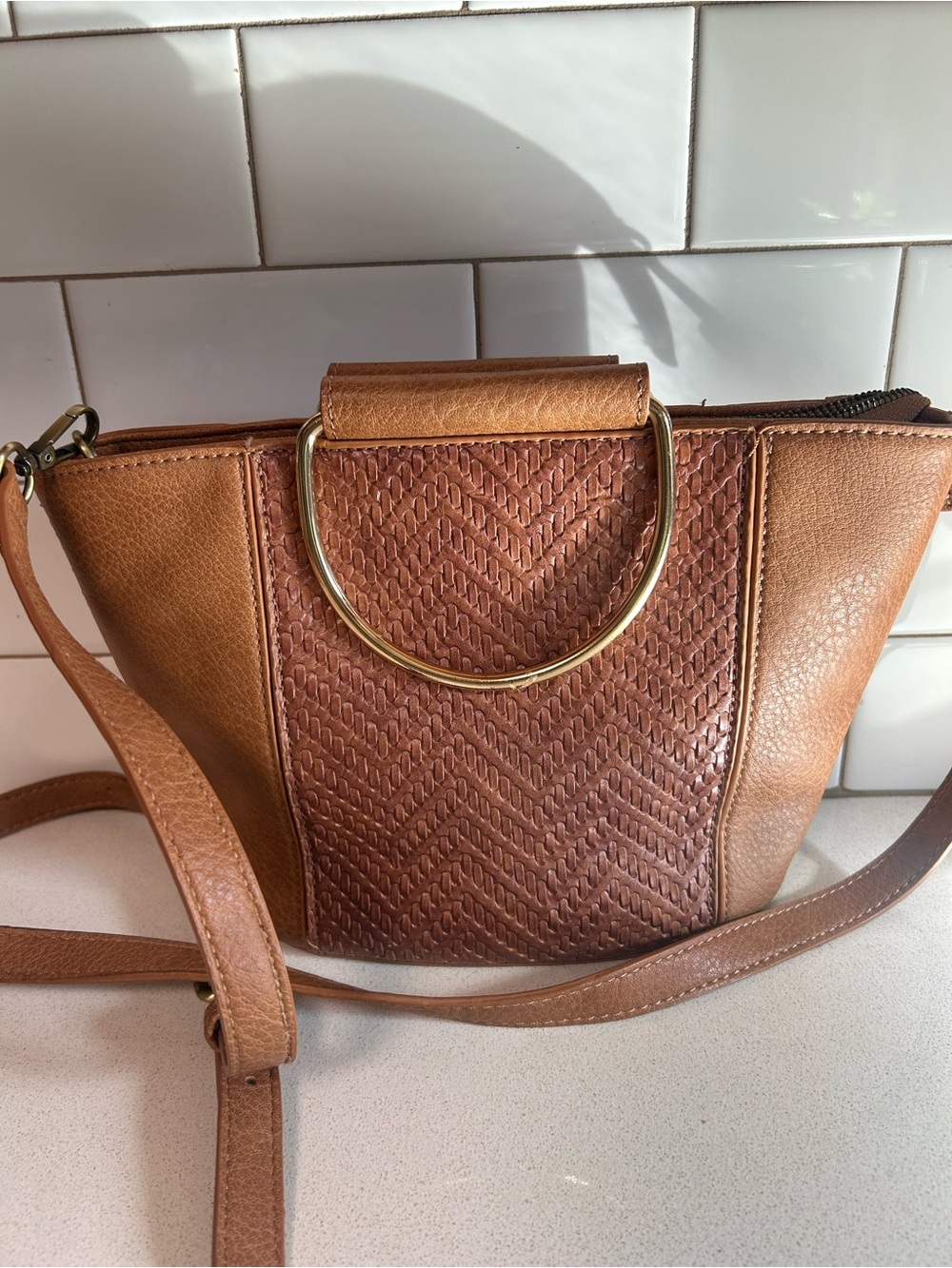 Brown Women's Leather Crossbody Bag with Gold Handle by Anthropologie